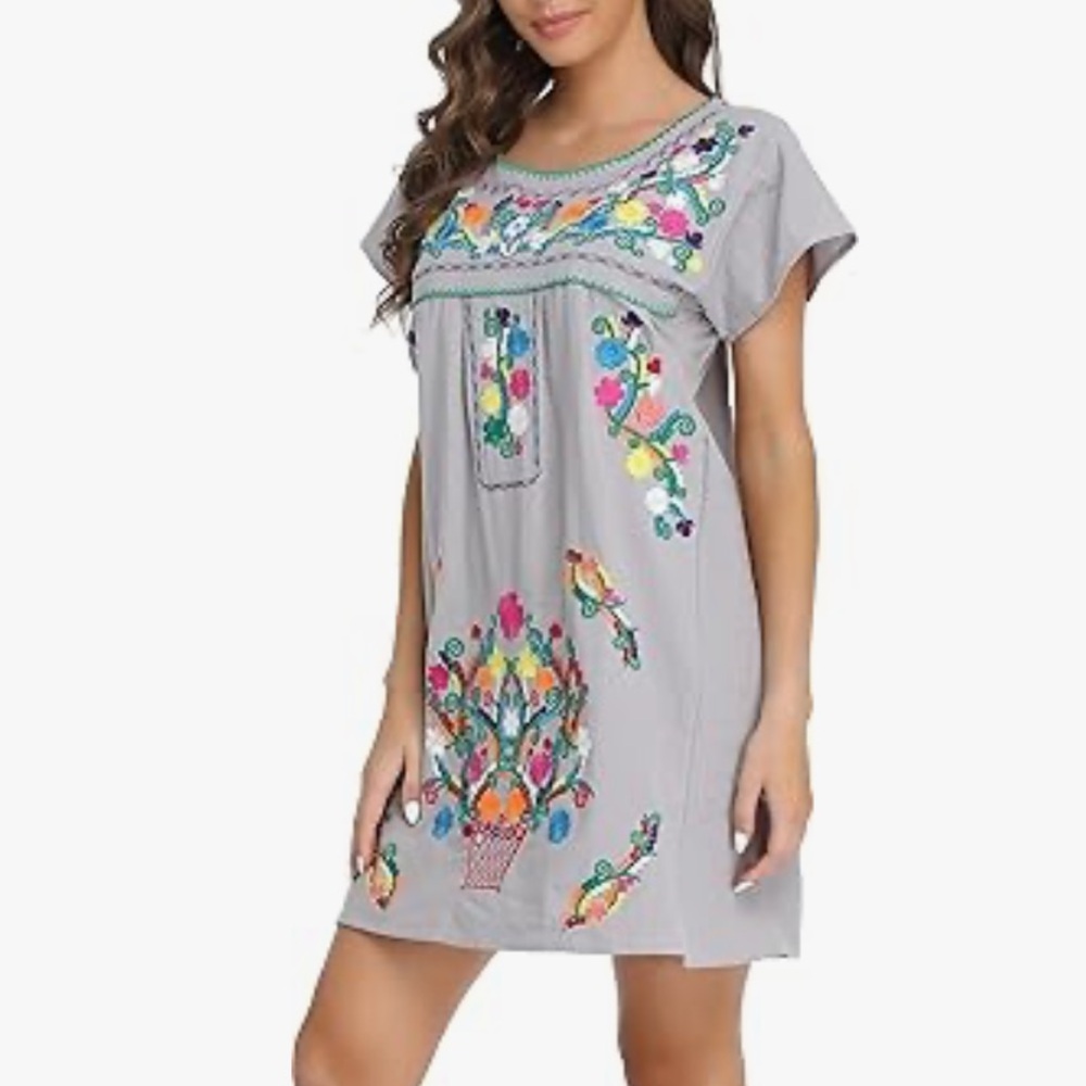 YZXDORWJ Women Mexican Embroidered Floral Dress Short Sleeve Size 2XL - Picture 3 of 15